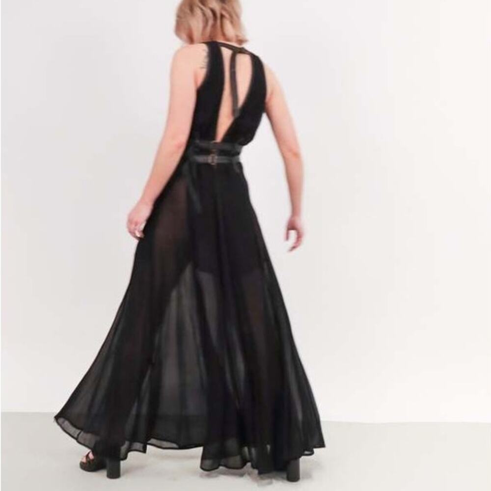 Nicholas K XL NWT Rhine Dress Leather Trim Plunge Georgette Maxi Gown Black - Picture 2 of 12